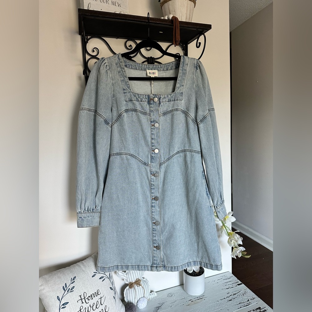 BiBi Light Blue Long Sleeve Denim Dress Western Pockets NWT